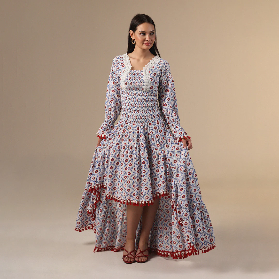 فستان قطني بحواف غير متماثلة مزينة بشراشيب - Image 4