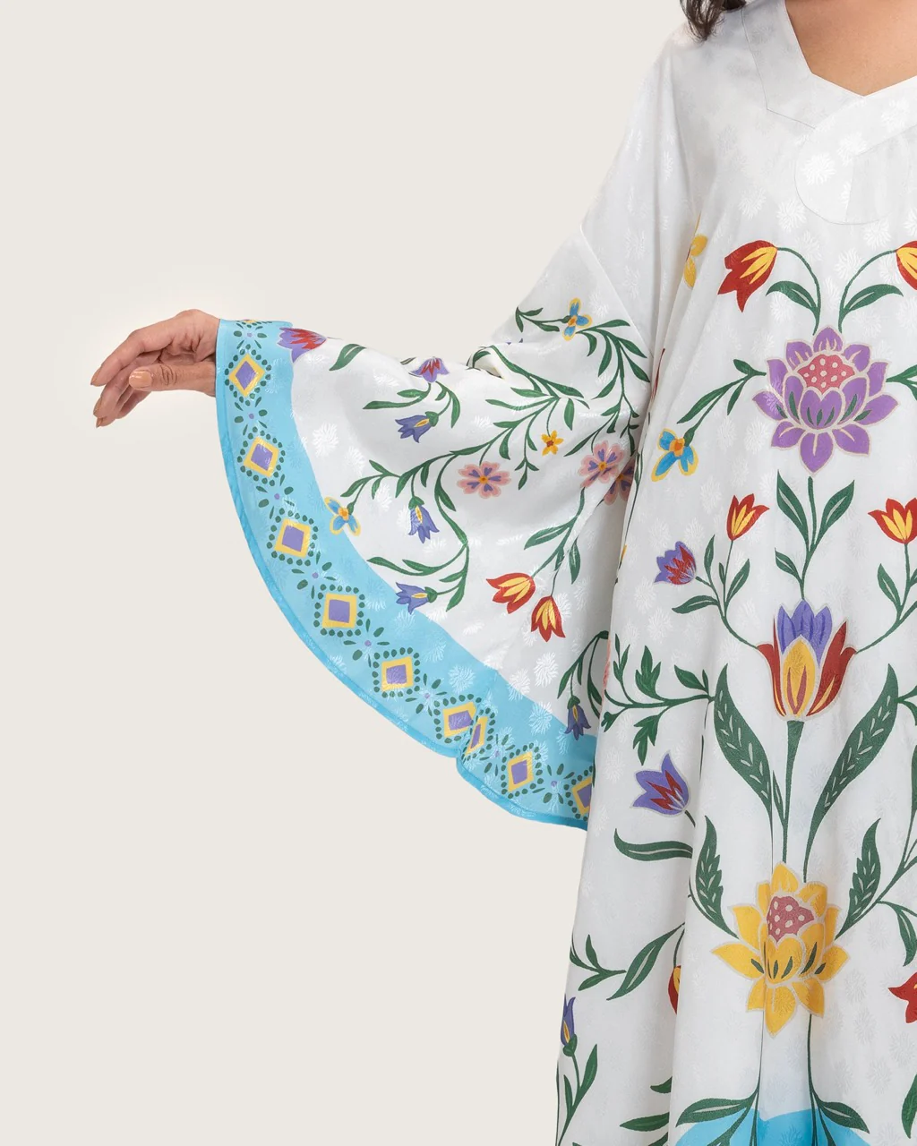 قفطان مطبوع بالزهور - أبيض وتيركواز - Image 11