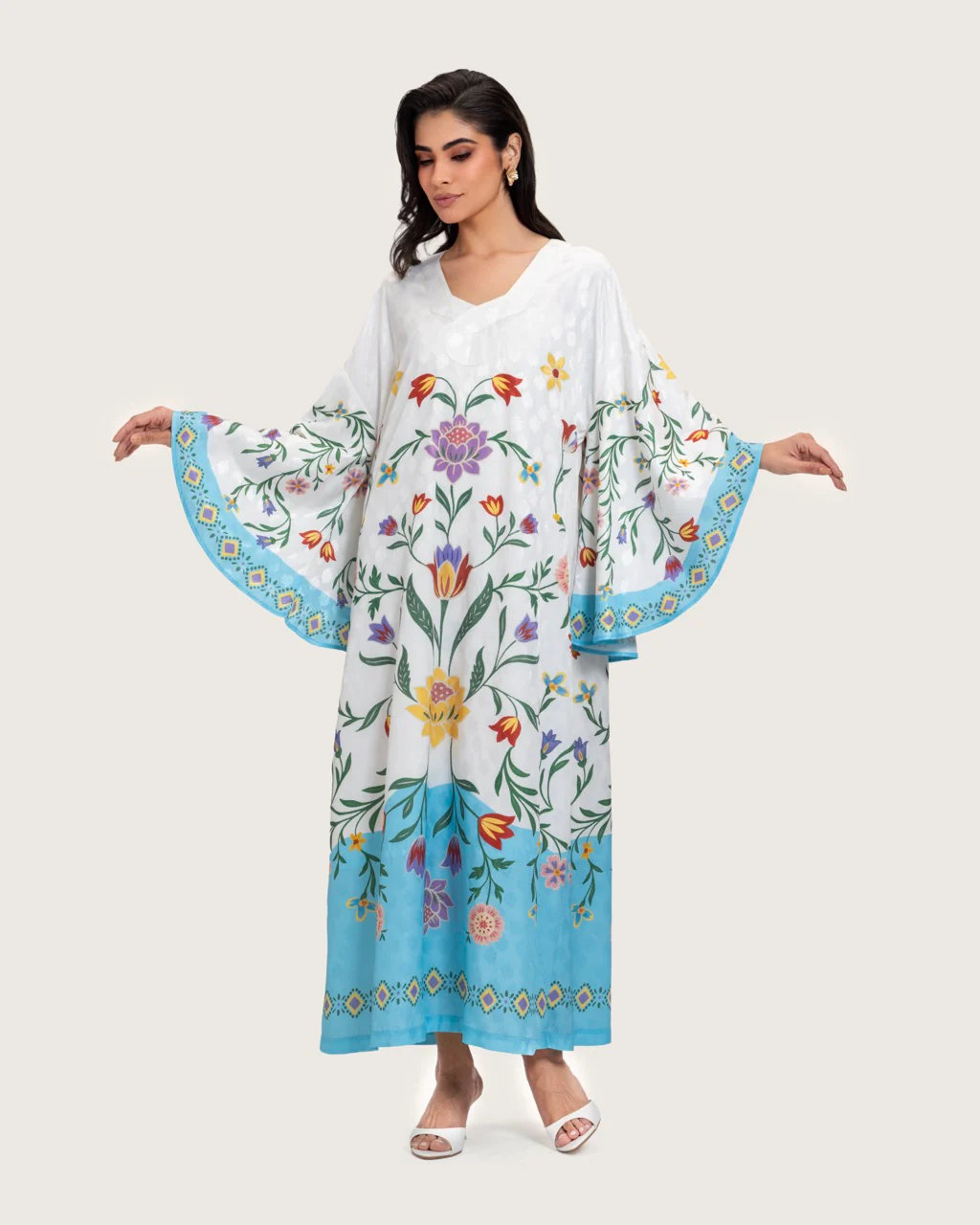 قفطان مطبوع بالزهور - أبيض وتيركواز - Image 4
