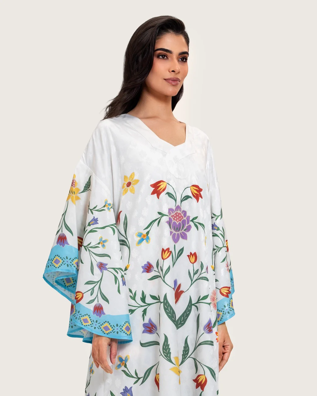 قفطان مطبوع بالزهور - أبيض وتيركواز - Image 6