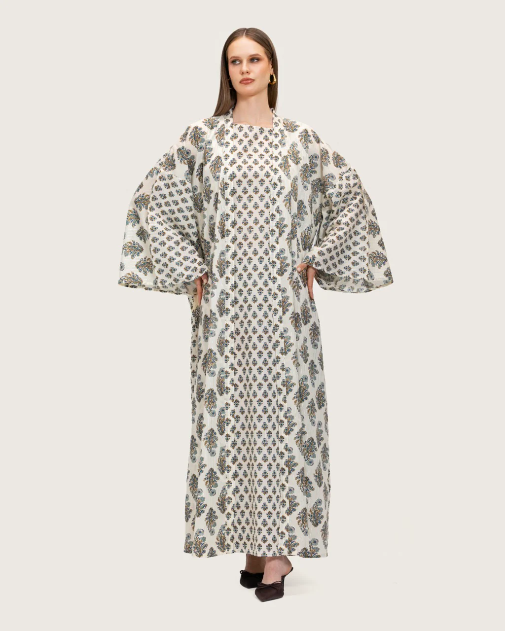 طقم عباية و فستان قطن مطبوع مذهب - أزرق - Image 3