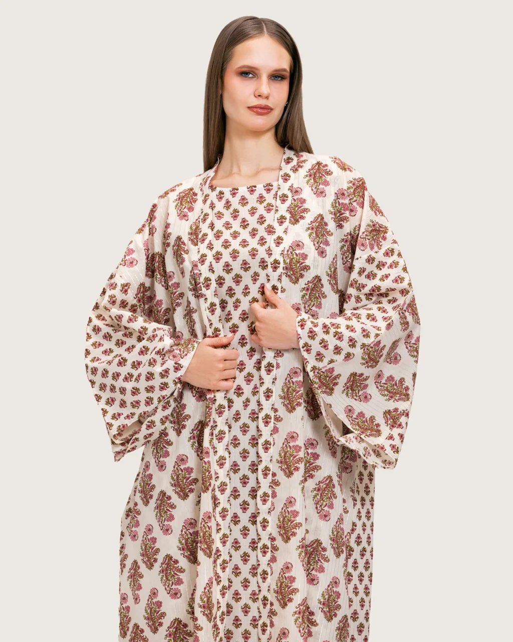 طقم عباية و فستان قطن مطبوع مذهب - زهري - Image 3