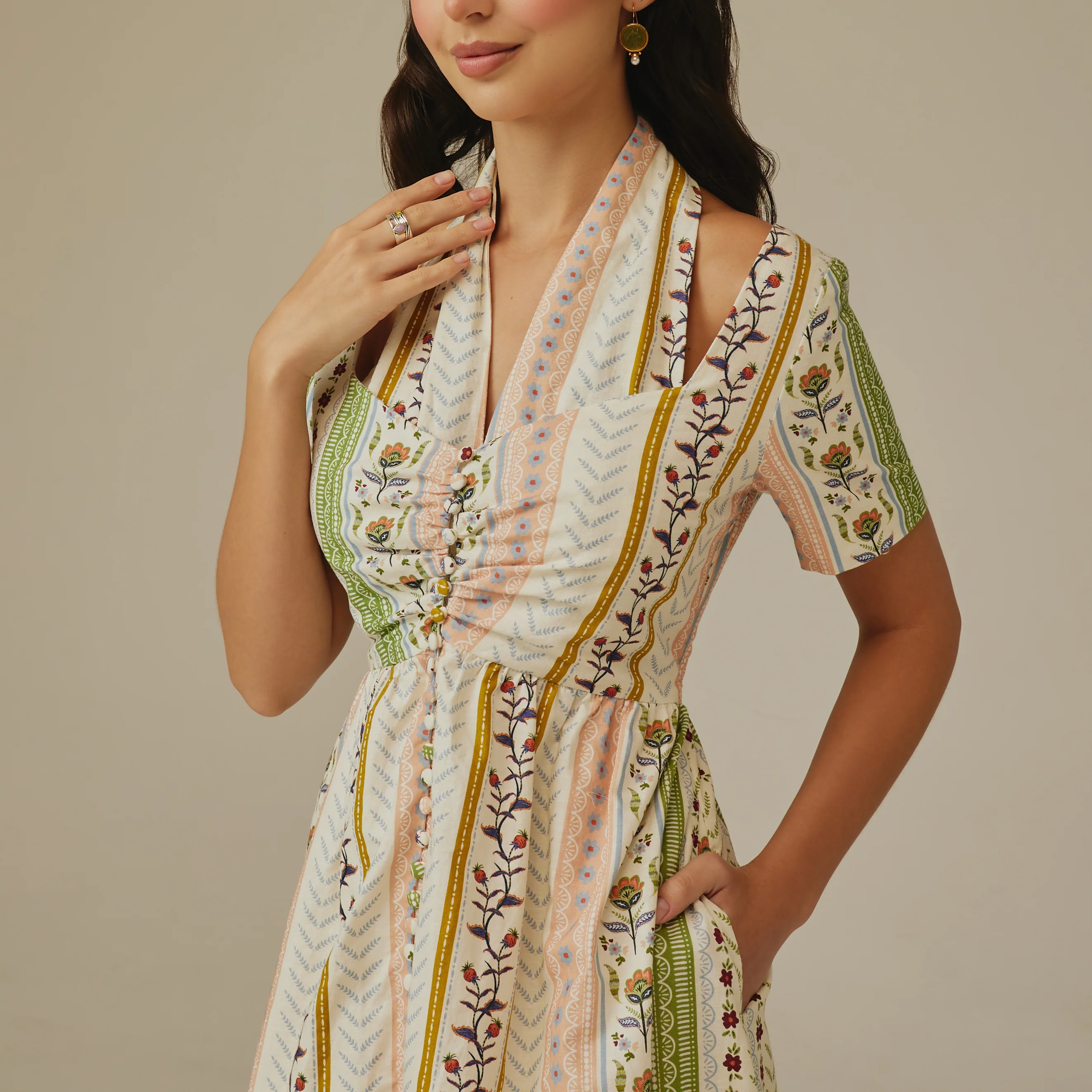 فستان كتان مخطط مزهر - Image 2